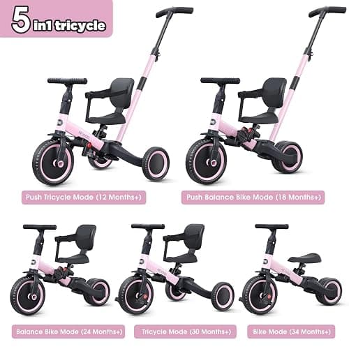 newyoo Toddler Tricycle,Toddler Bike,Birthday Gifts and Toys for 1-3 Year Old Boys and Girls, Trike with Push Handle, Backrest and Safety Belt, Balance Bike, TR007, Pink thumbnail 3