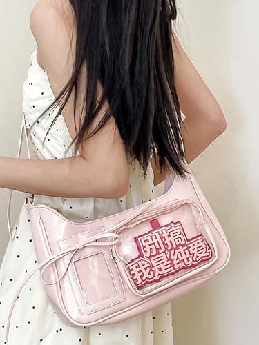 KeAiDMon Y2k Fashion Shoulder Bag Kawaii Lolita Ita Bag Badge Display Bag with Two Transparent Display Windows thumbnail 2