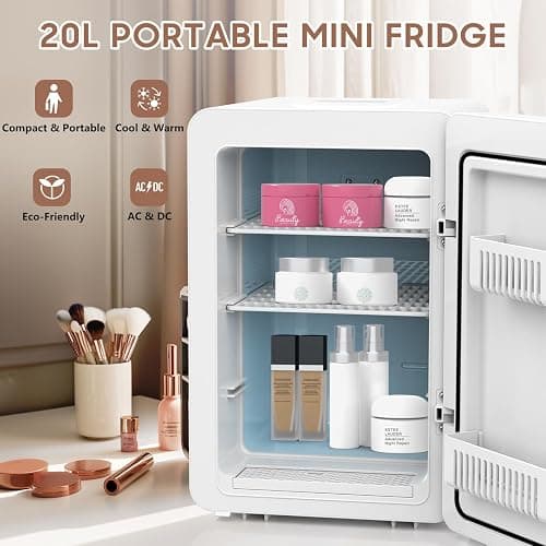 Kikihuose 20L Skincare Fridge with Mirror & LED Lighting, 3-Mode Dimmable, Cooler & Warmer with Drip Tray for Makeup, Cosmetic, Beauty, Mini Beauty Fridge for Bedroom, Vanity, Car & Home Use thumbnail 3