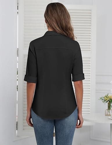 Zeagoo Womens Button Down Shirts 3/4 Sleeve Dress Blouses Business Casual Collared Oxford Tops thumbnail 5
