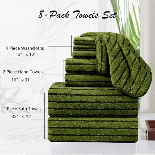 8 Pcs Army Green Cabana Stripe Large Bath Towel Set Oversized Bath Sheet-2 Bath Towels,2 Hand Towels,4 Washcloths Soft Jumbo Towels Absorbent Shower Towel Beach Chair Towels Spa Gym Hotel Towel thumbnail 4