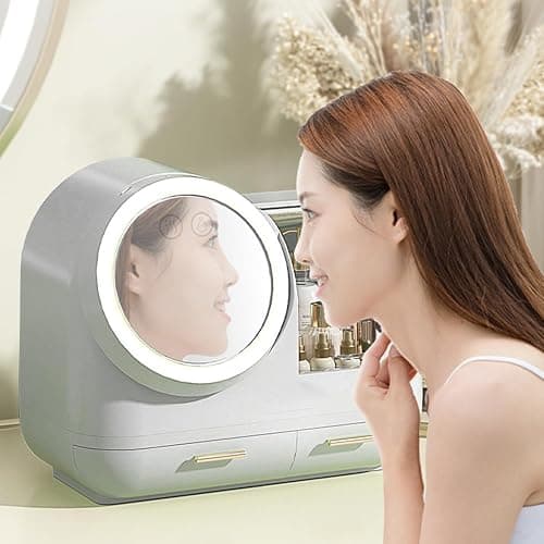 HURRISE Mirror Fan Makeup Case,Portable Makeup Organizer with Mirror and LED Light,Cosmetic Storage Display Case, Large Capacity Mirror Makeup Storage Box for Women (White) thumbnail 2