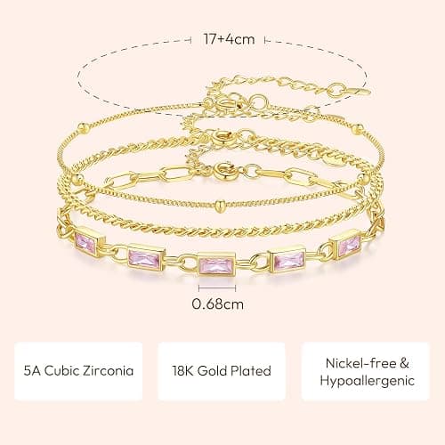 GexTyde Gold Birthstone Bracelet for Women, 18K Gold Plated Layered Jewelry Bracelet Set, Womens Dainty Stackable Bracelets Link Paperclip Chain Valentines Day Gift for Wife Her thumbnail 4