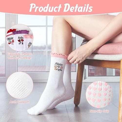 scenicamp 3/6 Pairs Cute Pilates Socks for Women, Ruffle Frilly Yoga Socks Non Slip Cotton Crew Ballet Socks with Embroidery thumbnail 5