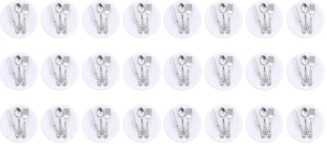 12 Pieces 1:12 Scale Miniature Plates and 12 Pieces Knives Forks Spoons Metal Tableware Dollhouse Miniatures Porcelain Plate Set Dollhouse Kitchen Decoration Accessories (Pack of 2) - Image 1