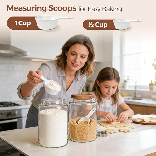 ComSaf Flour Storage Containers with Acacia Wood Lids 1Gallon 2Pack | 4.2Qt Large Glass Jar, for Cooks, Flour Cereal Rice Oats, Kitchen Pantry, 4.4in Wide Mouth, Canister with Scoops & Labels thumbnail 2