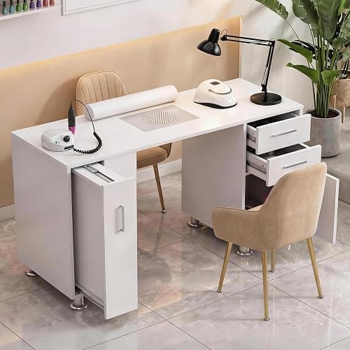 Nail Desk,Professional Manicure Table with Wrist Rest,2 Drawers&Cabinet | Nail Station Beauty Technician Desk with Electric Dust Collector& Dust Bag,Nail Table with Pull-out Locker&8 Metal Legs,White thumbnail 8