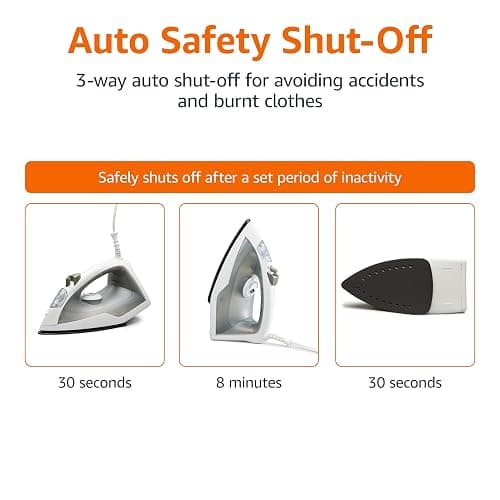 Amazon Basics 1200W 10” Steam Iron, With Non-Stick Teflon Soleplate, 5 Fl Oz Water Tank (150 ML), Auto Shut-Off, Anti-Drip, Anti-Calcification, Thermostat, 6.5Ft Cord, Gray thumbnail 5