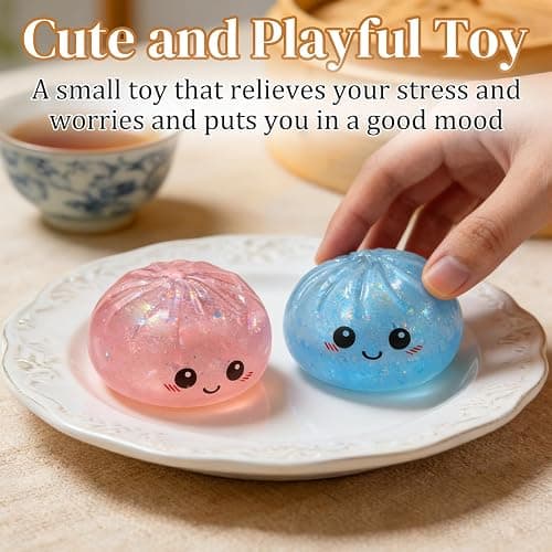 Glitter Dumpling Squishy, Soft Squeeze Stress Relief Fidget Ball with Mini Steamer Box, Colorful Stretchy Decompression Sensory Toy for Adults & Kids (Glitter White) thumbnail 4