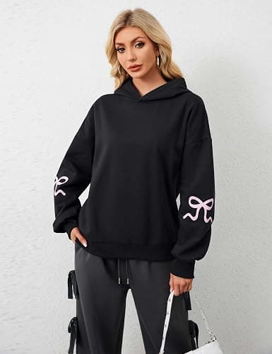 OLAPTA Women Oversized Bow Trim Print Hoodies Long Sleeve Fleeced Casual Graphic Pullover Trendy Fall Hooded Sweatshirts Top thumbnail 5