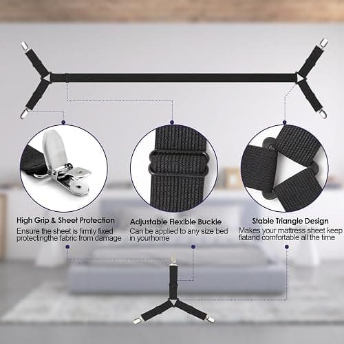 Luyena Bed Sheet Straps, 6 Pack, Adjustable Elastic Fitted Sheet Holders | Secure Fitted Sheet Straps for Twin to King Size Beds, Non-Slip Bed Sheet Clips, Keep in Place, Easy to Install, Black thumbnail 4