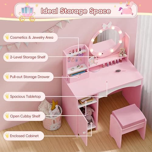 MU Kids Vanity Table and Chair Set – Princess Girls Vanity Set with Mirror, Lights, Jewelry Storage, and Cushioned Stool, Toddler Makeup Vanity for Little Girls (Pink) thumbnail 5