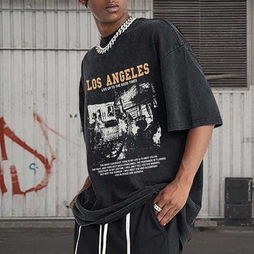 Pairxily Oversized Graphic Tshirts for Men Acid Wash Los Angeles Vintage Tees Streetwear Baggy Cotton Shirts Casual Tops thumbnail 5