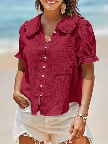 Tankaneo Womens Puff Sleeve Shirts Peter Pan Collar Button Down Tops | Cotton Blouse, Casual, Summer, Short Sleeve, Cute, Textured Tops, Lightweight & Breathable thumbnail 3
