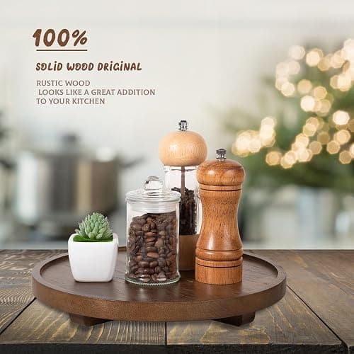 Round Decorative Tray Wood Bathroom Counter Organizer Farmhouse Kitchen Decor Wooden Riser for Soap Dish, Perfume, Candle, Sponge, 11" - Walnut thumbnail 4