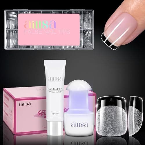 AILLSA Gel Nail Tips Kit Extra Short Square Nail Tips 120pcs, Upgrade Glue Gel 30g for False Nail Tips, Nail Extensions Full Kit with Portable Nail Lamp for Beginners - Image 1