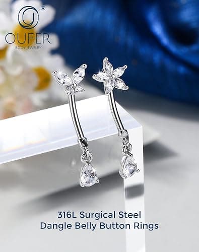 OUFER Body Piercing Belly Button Bars 316L Stainless Steel Belly Bar Rings 14G Internally CZ Dangly Navel Piercing Jewellery Butterfly Teardrop Navel Bars Women thumbnail 5