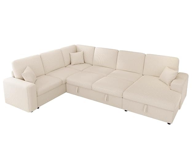 Jocisland Oversized Sofa Bed, 130" Sleeper Sofa, Pull Out Sleeper Couch with Storage, Convertible 6-Seater Sofa Bed for Living Room, Corduroy Beige Couch thumbnail 7