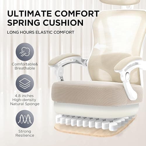 Ergonomic Office Chair with Footrest,Ultra Thick Reclining Desk Chair with Adjustable 2D Lumbar Support and Headrest,Spring Cushion,High Back Premium Mesh Computer Chair,Cream thumbnail 4