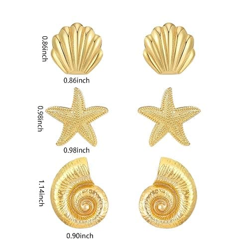 3 Pairs Beach Earrings for Women 14K Gold Statement Earrings Summer Ocean Jewelry Starfish Conch Seashell Stud Earring Set thumbnail 2