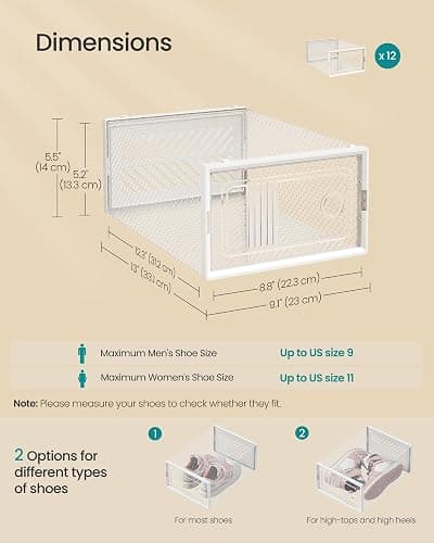 SONGMICS Stackable Shoe Boxes, Foldable Shoe Storage Organizers, Ventilated, for Max. Men's Shoes US Size 9 or Women's Shoes US Size 11, Sneakers, Set of 12, Transparent and White ULSP106W12V2 thumbnail 3