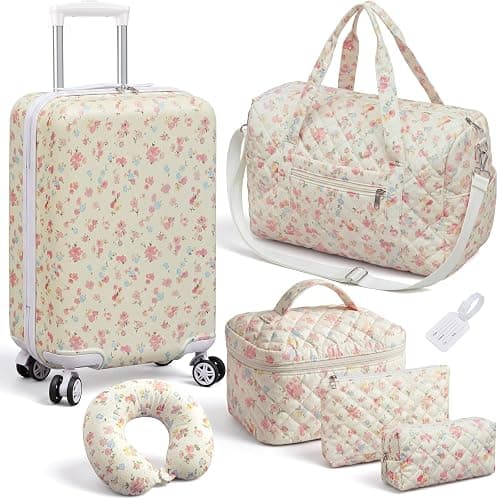 Redbaker 7 Pcs Floral Luggage Set for Women,Beige | 20" Carry Travel Suitcase Quilted Duffel Bag Makeup Bags Neck Cushion & Name Label thumbnail 9