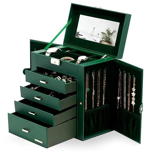 Homde Synthetic Leather Huge Jewelry Box Mirrored Watch Organizer Necklace Ring Earring Storage Lockable Gift Case (Forest Green + Gold) - Image 1