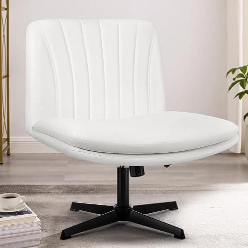 PUKAMI Criss Cross Legged Office Desk Chair No Wheels,PU Leather Modern Swivel Height Adjustable Wide Seat Mid Back Computer Task Vanity Chair for Home Office - White - Modern - Image 1