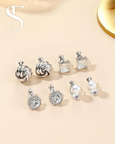 FIBO STEEL 10 Pairs Clip On Earrings for Women Non Pierced Ears CZ Pearl Knot Twist Chunky Hoop and Studs Earring Set Ear Clips Jewelry 14K Gold Plated thumbnail 6
