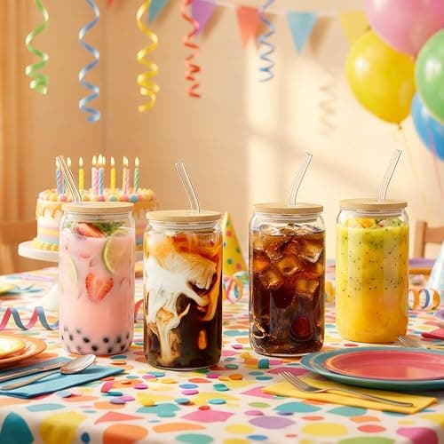 ZUFIO Lot de 4 gobelets en verre avec couvercles et pailles en verre – 450 ml – Joli verre à café glacé résistant à la chaleur et à la glace – Gobelet transparent pour café, smoothie, soda, cocktail thumbnail 2