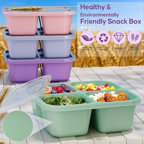 TIME4DEALS 4 Pack Divided Snack Containers, Reusable 4 Compartment Snack Containers Bento Box with 2Pcs Sauce Containers, BPA-Free Meal Prep Lunch Containers for Kids & Adults (School, Work, Travel) thumbnail 3