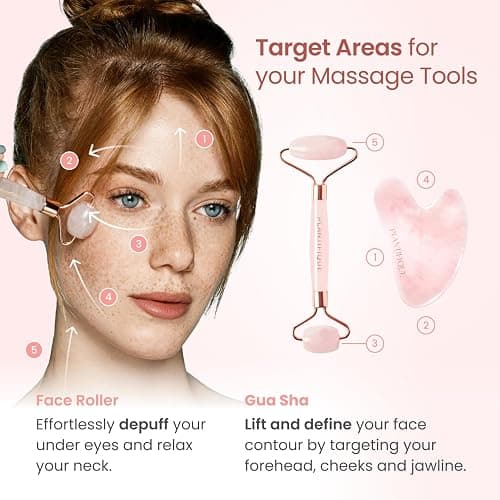 PLANTIFIQUE Rose Quartz Gua Sha & Face Roller Set, Certified Face Massager | Guasha Facial Tool & Roller for Lymphatic Drainage & Face Sculpting - Reduce Puffiness & Relieve Tension - Skin Care Gifts thumbnail 4