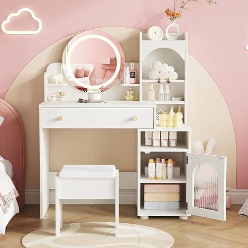 Vabches Kids Vanity Table and Chair Set, Toddler Dressing Table for 5-12 Year Old Little Girls, 2 in 1 Princess Makeup Vanity with Mirror & Lights, Wooden Pretend Play Vanity Desk, White thumbnail 5