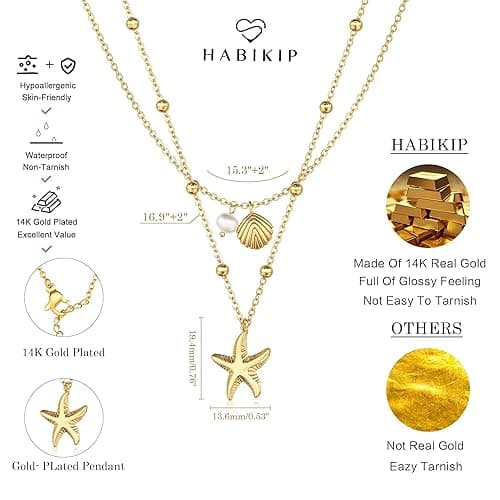HABIKIP Shell Starfish Charm for Women, Dainty Layered 14K Gold Plated Seashell Conch Starfish Pearl Pendant Necklace for Women Stack Trendy Beach Cuban Link CZ Chain Necklace Summer Vacation Jewelry thumbnail 6