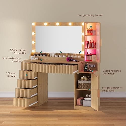 BTHFST Fluted Makeup Vanity Desk with Large 31.5" Mirror and Lights, 46.1" Wood Vanity with Charging Station & RGB Lights, Dressing Table with 6 Drawers & Cabinet & Shelves, Oak thumbnail 9