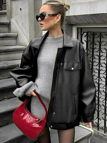 hathne Women's PU Leather Jacket Oversized Vintage Long Sleeve Motorcycle Faux Leather Blazer Jackets thumbnail 3