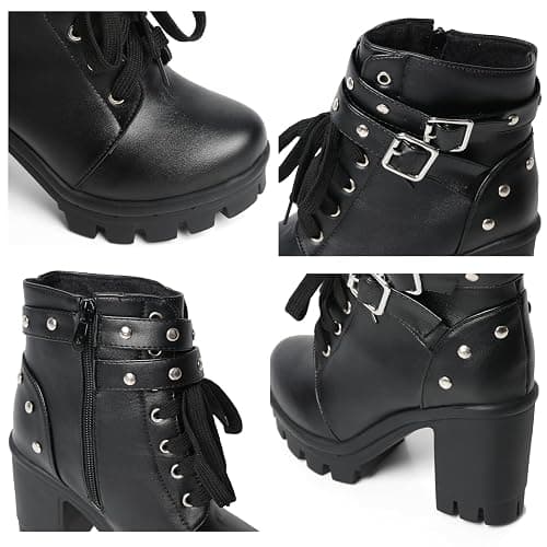 FOREADA Goth Boots Chunky Heel Boot For Women Ankle Combat Booties Black Platform Bootie Buckle Rivets Punk Goth Shoes With Zipper thumbnail 7