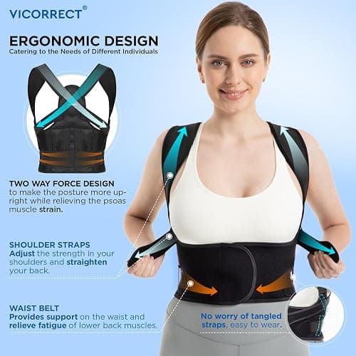 Vicorrect Posture Corrector for Women and Men: Back Brace Support - Shoulders Straightener Relieve Upper Back Pain (Black, Large) thumbnail 3