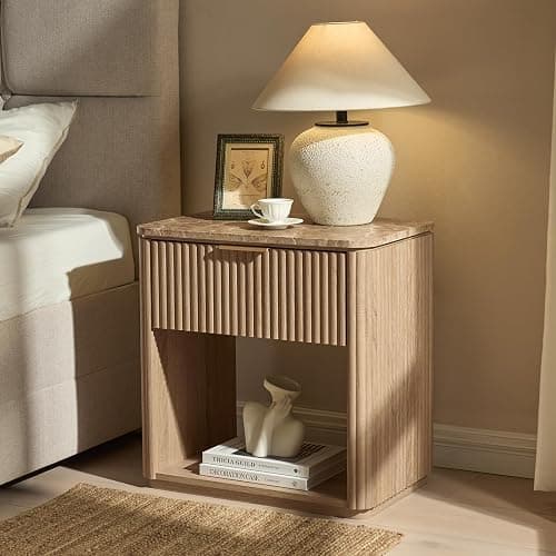 Fluted Nightstand Set of 2, Bedside Table with Faux Marble-Top, Engineered Wood Side Table with Drawer Open Shelf, Curved Corners, Modern Night Stand for Bedroom, Small Spaces, Natural Oak thumbnail 6