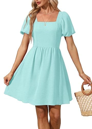 OFEEFAN Women Puff Sleeve Square Neck Tie in Back Dresses with Zipper - X-Small - Light Cyan