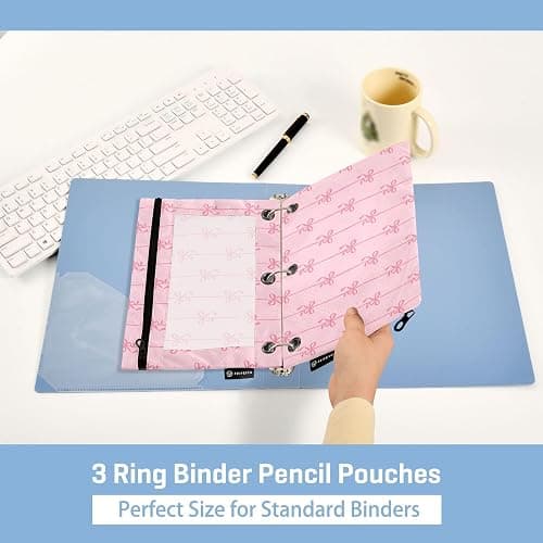Bowknot Pink Binder Pouches 3 Ring for Boys Girls School Office College Supplies Cute Bow Ribbon Tie Pencil Pouches Case Bag with Clear Window and Zipper 2 Pack thumbnail 5