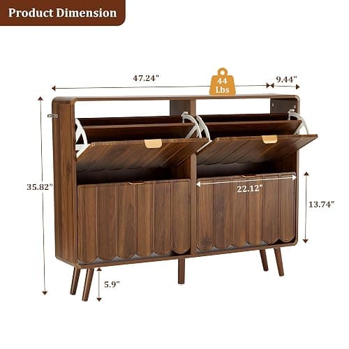 ORRD Shoe Storage Cabinet for Entryway with 4 Flip Drawers, Freestanding Narrow Wood Shoe Cabinet with Wave Panel, Hidden Shoe Organizer for Foyer, Hallway (Walnut) thumbnail 2
