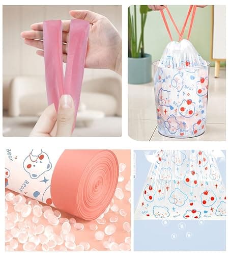 150 Count 4 Gallon Trash Bags - Drawstring small trash Bags 1.1mil Thick for Bathroom, Kitchen, Bedroom, Office Toilet Home (White-pink, 150Counts) thumbnail 8