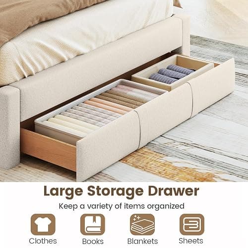 Giantex Queen Size Bed Frame with Storage Drawer, Upholstered Velvet Platform Bed with Vertical Channel Headboard, Wooden Slats Support Mattress Foundation, No Box Spring Needed, Beige thumbnail 6