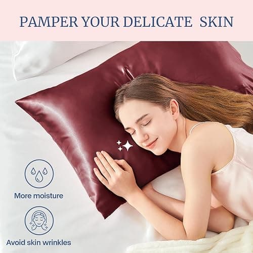 BEDELITE Satin Pillowcase for Hair and Skin, Super Soft and Cooling Similar to Silk Pillow Cases 2 Pack with Envelope Closure, Gift for Women Men(20"x26" Standard Size, Burgundy) thumbnail 5