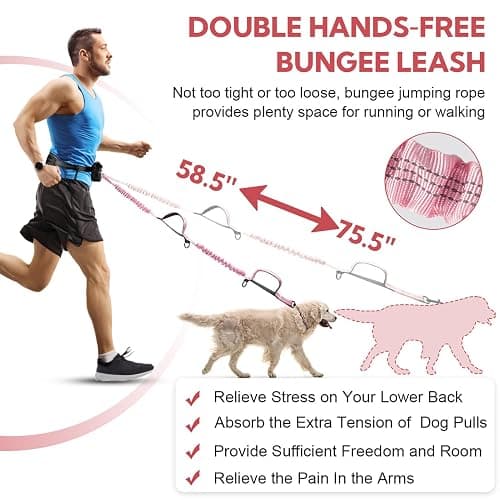 Yicostar Hands Free Dog Leash, Adjustable Waist Belt with Double Padded Handles No Pull,Pink thumbnail 4