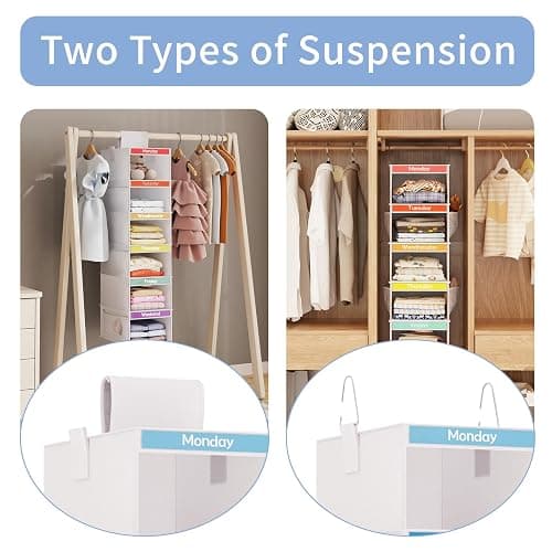 Fixwal 2 Pack 6-Shelf Weekly Hanging Closet Organizer for Kids, Kids Daily Clothes Organizers with 6 Side Pockets, Days of The Week Hanging Storage Shelves (White) - White thumbnail 4