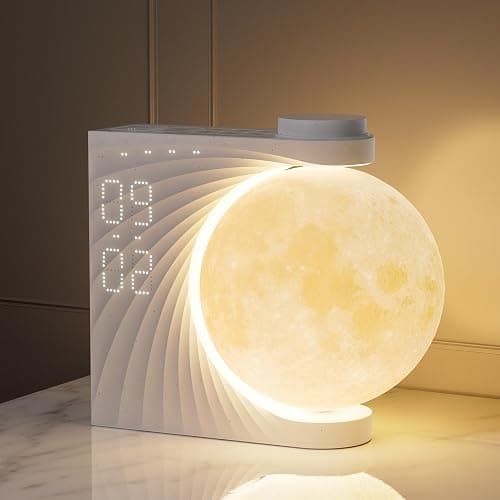RETEYUNG Mondlampe mit Tageslichtwecker, 2 Wecker, Mondlicht RGB 8 Colors, 10 Natürlicher Klang, Nachttischlampe 3 Stufige Nachtlicht Wake up Light für Schlafzimmer Wohnzimmer (Weiß) - Image 1