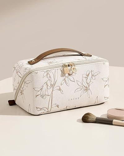 EACHY Travel Makeup Bag, Large Capacity Cosmetic Bags for Women, Waterproof Portable Pouch Open Flat Toiletry Bag Pattern Make up Bag (F-Beige) thumbnail 8