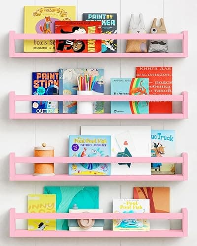 Forbena Large Pink Kids Book Shelves for Girls Room Wall Set of 4, Floating Nursery Book Shelf for Baby Girl Deocr, 24 Inches Long Wall Mounted Bookshelf for Toddler Kid Child Teens Bedroom (Pink) - Image 1